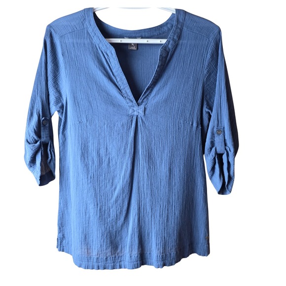 Eddie Bauer Tops - Eddie Bauer Womens S Blue Cotton Gauze Roll Tab Sleeve Henley Tunic Top